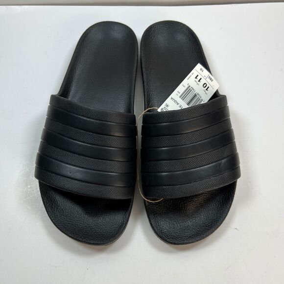 Adidas Slides Mens 10 / Womens 11 Adilette Aqua Sandals Core All-Black Stripe - Picture 2 of 7